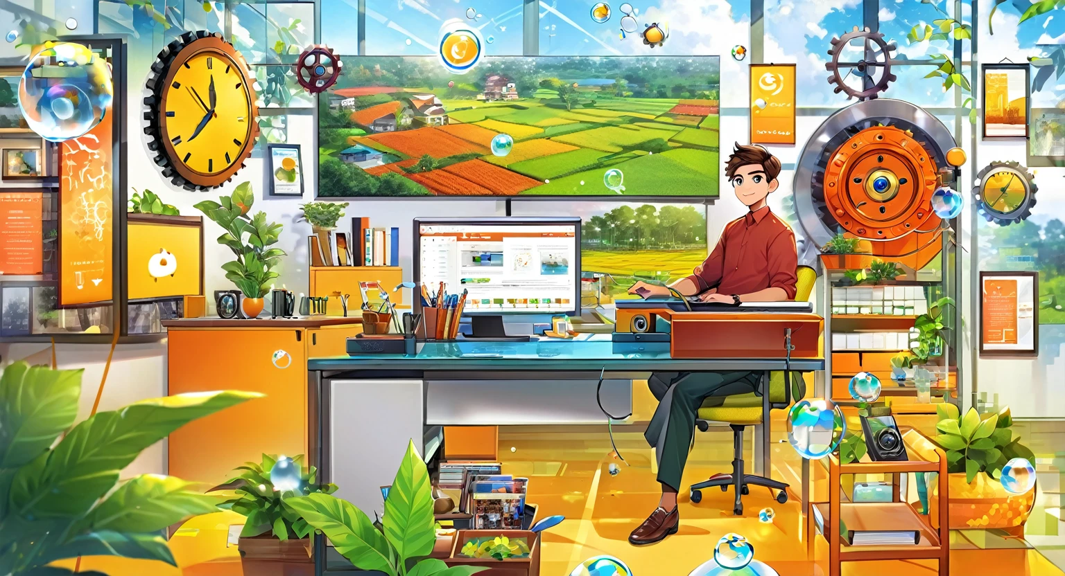 (Bangladesh)), poster image of a vibrant landscape of Bangladesh, where tradition and technology converge, a Smart Village emerges. Bangladeshi boy sitting at a desk with a computer monitor in front of them. iconographic elements that suggest a digital or office work environment, such as gears, a clock, chat bubbles, and a security lock symbol. There is also foliage to the left side of the image which adds to the decor of the setting. This image could be relevant or interesting for topics related to remote work, office settings, digital communication, or personal computer use.