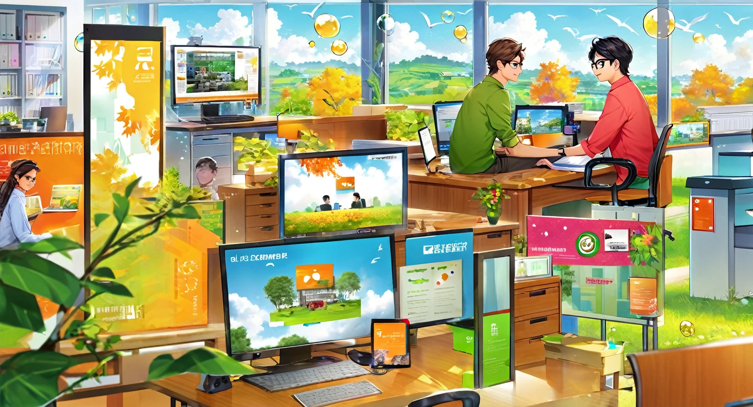 (Bangladesh)), poster image of a vibrant landscape of Bangladesh, where tradition and technology converge, a Smart Village emerges. Bangladeshi boy sitting at a desk with a computer monitor in front of them. iconographic elements that suggest a digital or office work environment, such as gears, a clock, chat bubbles, and a security lock symbol. There is also foliage to the left side of the image which adds to the decor of the setting. This image could be relevant or interesting for topics related to remote work, office settings, digital communication, or personal computer use.