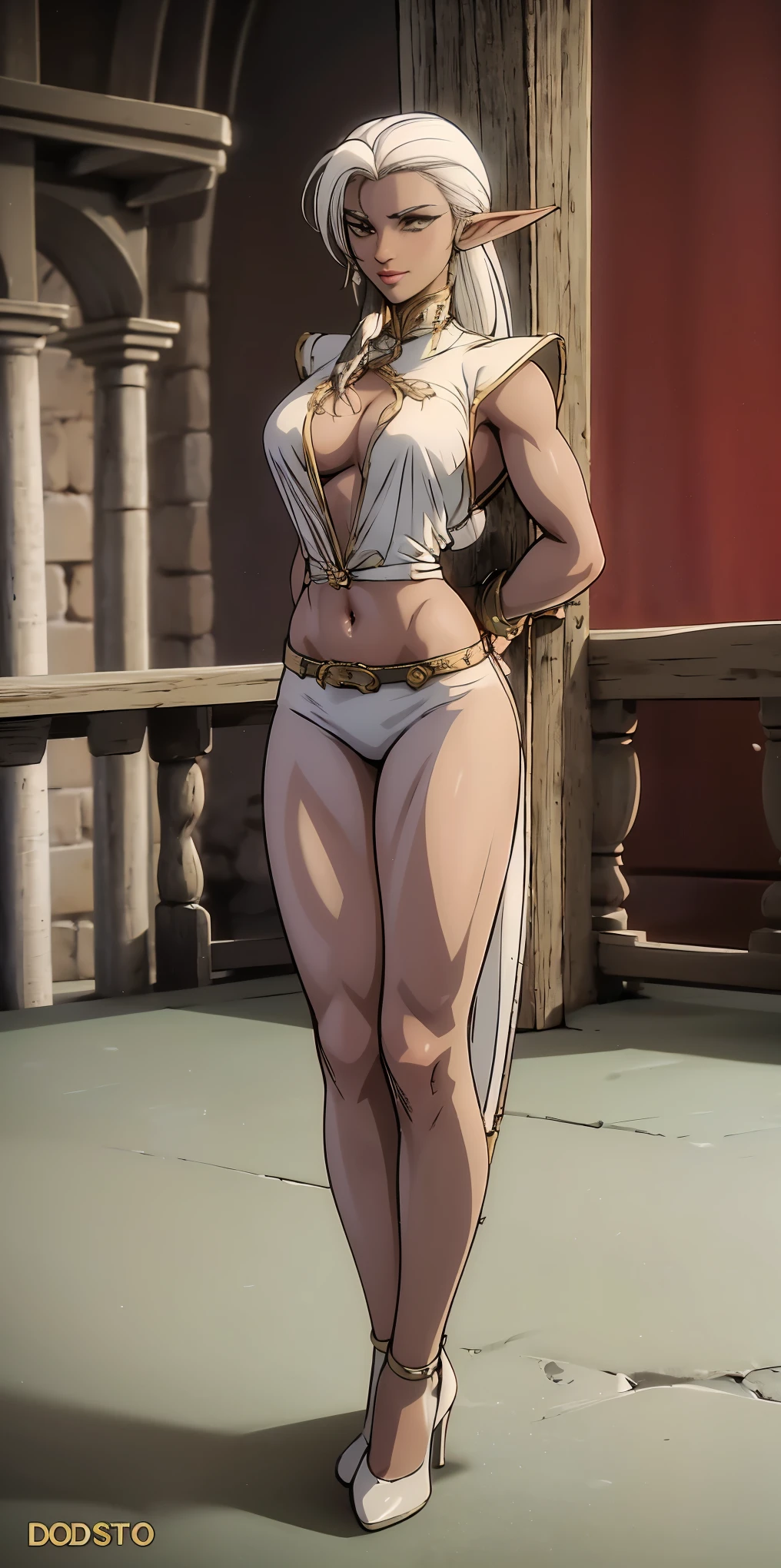 (masterpiece, best quality), intricate details, 1girl, Bridesmaid Muscular full body woman White hair White braid Motherly body smile Porcelain skin Red heels with feet together Long hair Hands on waist Navel Strong abs Direct look Perfect lighting Masterpiece High quality (good hands, best hands) Pirotess (Record of Lodoss War) bondage pole