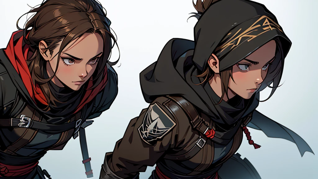 1 female, medium length brown hair with widows peak, green eyes, wearing all black, assassins creed shinobi with hood up, tanto