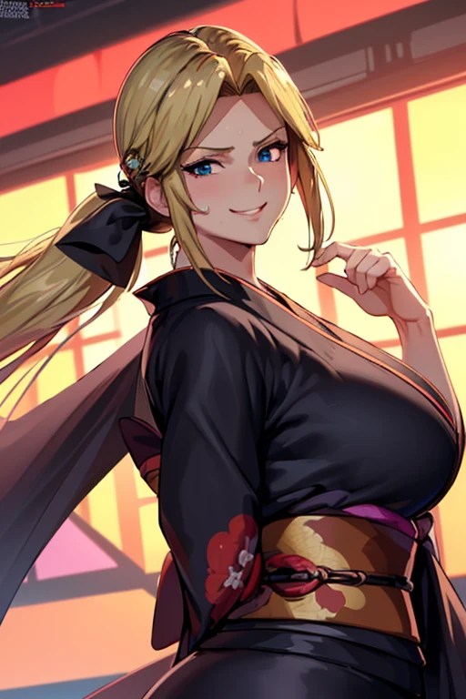 Masterpiece(woman,Huge , Very red lips highlighting huge breasts,Big Ass,Narrow waist,Long legs,Greenish blue eyes,Blonde ) 8K(Sweat flying:1.4 )8K(Heat rash:1.9 ) 8K(Gal:1.3) 8K(Staring at me:1.5) 8K(Anime Style,A floppy smile,What we are looking for,Face mischievous face,The facial expression is accurate:1.7) 8K(Anime Style,The facial expression is accurate) 8K(Wearing a black kimono:1.5) 8K(hairpin :1.3 ), 8K(Focus on the face:1.5)8K(Summer festival:1.5)