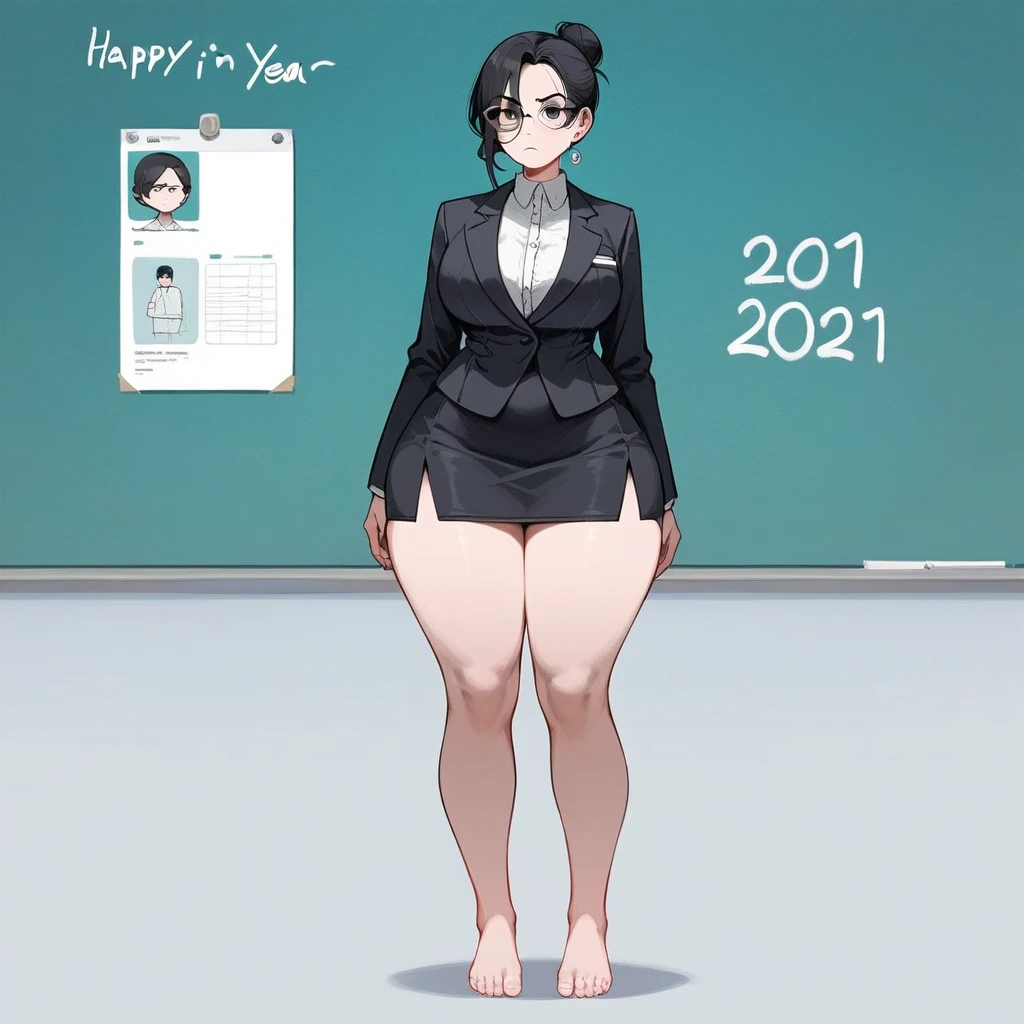 40 year old female teacher, pale porcelain skin, short ginger hair in sleek bun, glasses, wearing a black blazer over a white blouse, busty, wearing a tight black pencil skirt, has very wide hips, very thick thighs, large thighs, thick legs, slim waist and stomach, wearing small black slip on flats on her feet, standing, entire body showing including legs and feet, short legs, feet shown, no smile, annoyed face, strict facial expression, thick thighs pressed together, feet shown in the photo, full body shown, round face, round chin, voluptuous