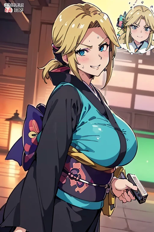 Masterpiece(woman,Huge breasts:1.1, とても唇が赤いHuge breastsを強調,Big Ass,Narrow waist,Long legs,Greenish blue eyes,Blonde ) 
8K(Sweat flying:1.4 )8K(Heat rash:1.9 )
 8K(Gal:1.3)
 8K(Staring at me:1.5)
 8K(Anime Style,A floppy smile,What we are looking for,Face mischievous face,The facial expression is accurate:1.7)
 8K(Anime Style,The facial expression is accurate)
8K(Wearing a black kimono:1.5)
8K(hairpin :1.3 ), 
8K(Focus on the face:1.5)
8K37歳