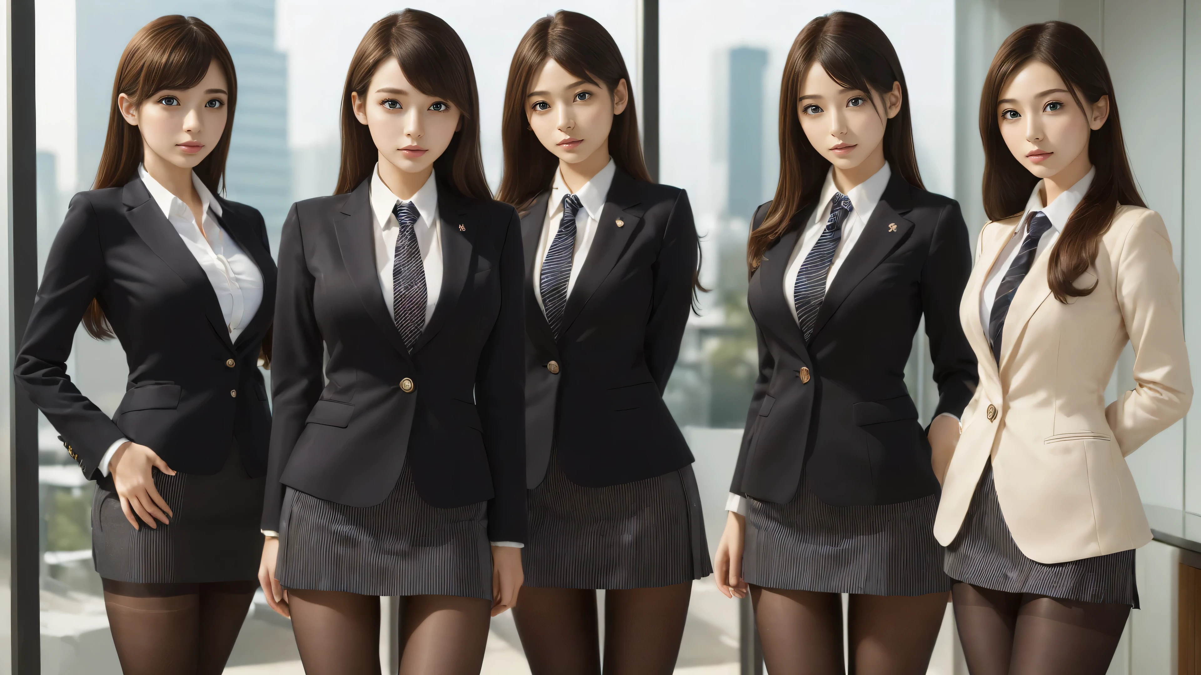 (best quality, masterpiece:1.5), (ultra-detailed, realistic:1.37),4K,(5girls:1.5),japanese,cute,beautiful,(business suit:1.3),(striped miniskirt),(black pantyhose:1.2),group photo,