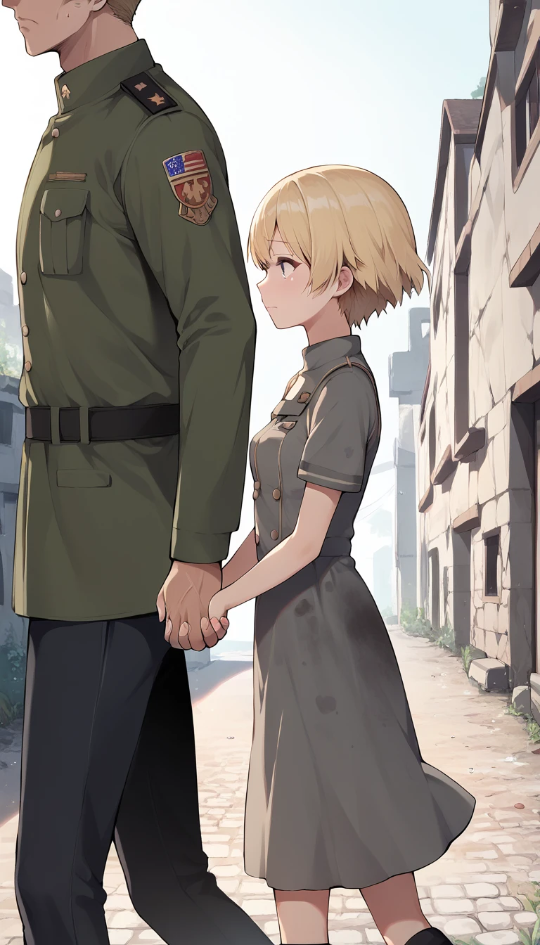 score_9, score_8_up, score_7_up, source_anime BREAK 
1girl, 14yo, _young, from side, small breasts, dirty dress, holding hands, hand in another's hand, blonde short hair, grey eyes, sad face, town ruins, outdoors, walking, size difference, male modern military uniform, faceless male, male face out of frame