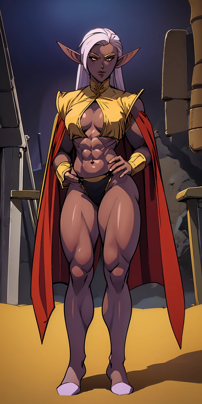 Subject: 1 Solo Female Drow Elf Physical Description: Purple Skin Long White Hair Strong Body with Abs Shiny Skin (Ultra Quality) Attire: Yellow Tiger Bikini (underneath) Red Cape (flowing) Pose: Standing Pose Background: Cinematic Street Scene (Atmospheric, 8K) Additional Notes: Red sunglasses