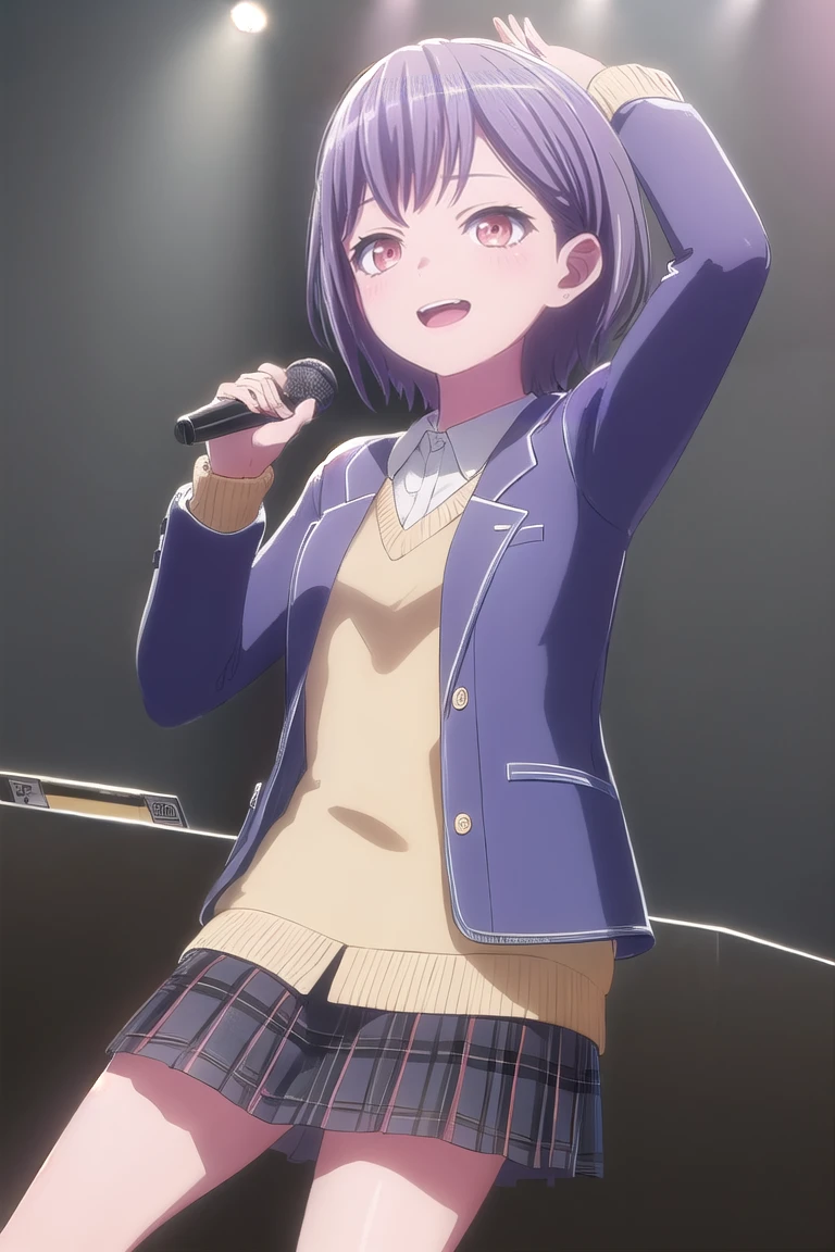 Takamatsuto、uniform、skirt、One girl、happy　smile、looking at viewer、Singing a song、Holding the microphone
