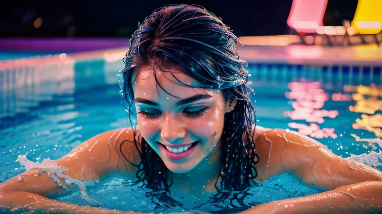 a beautiful girl in a colorful swimming pool, enjoying a pool party, detailed facial features, long eyelashes, wet hair, smiling, neon lights, dynamic water splashes, vibrant colors, 80s retro aesthetic, cinematic lighting, photorealistic, 8k, best quality