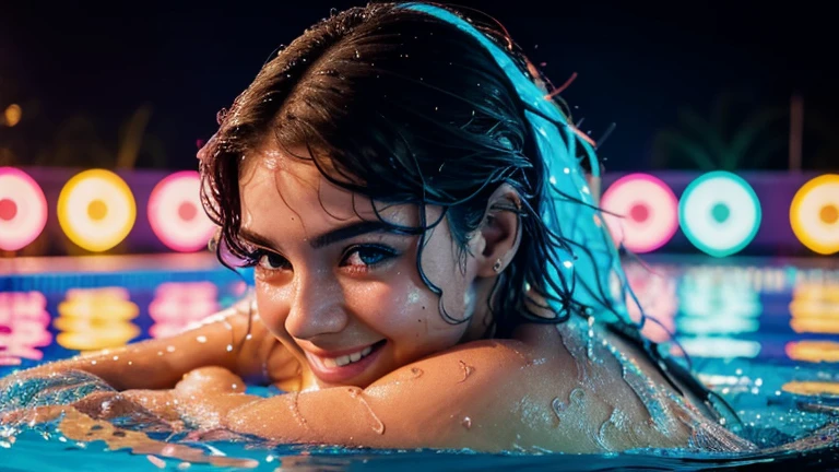 a beautiful girl in a colorful swimming pool, enjoying a pool party, detailed facial features, long eyelashes, wet hair, smiling, neon lights, dynamic water splashes, vibrant colors, 80s retro aesthetic, cinematic lighting, photorealistic, 8k, best quality