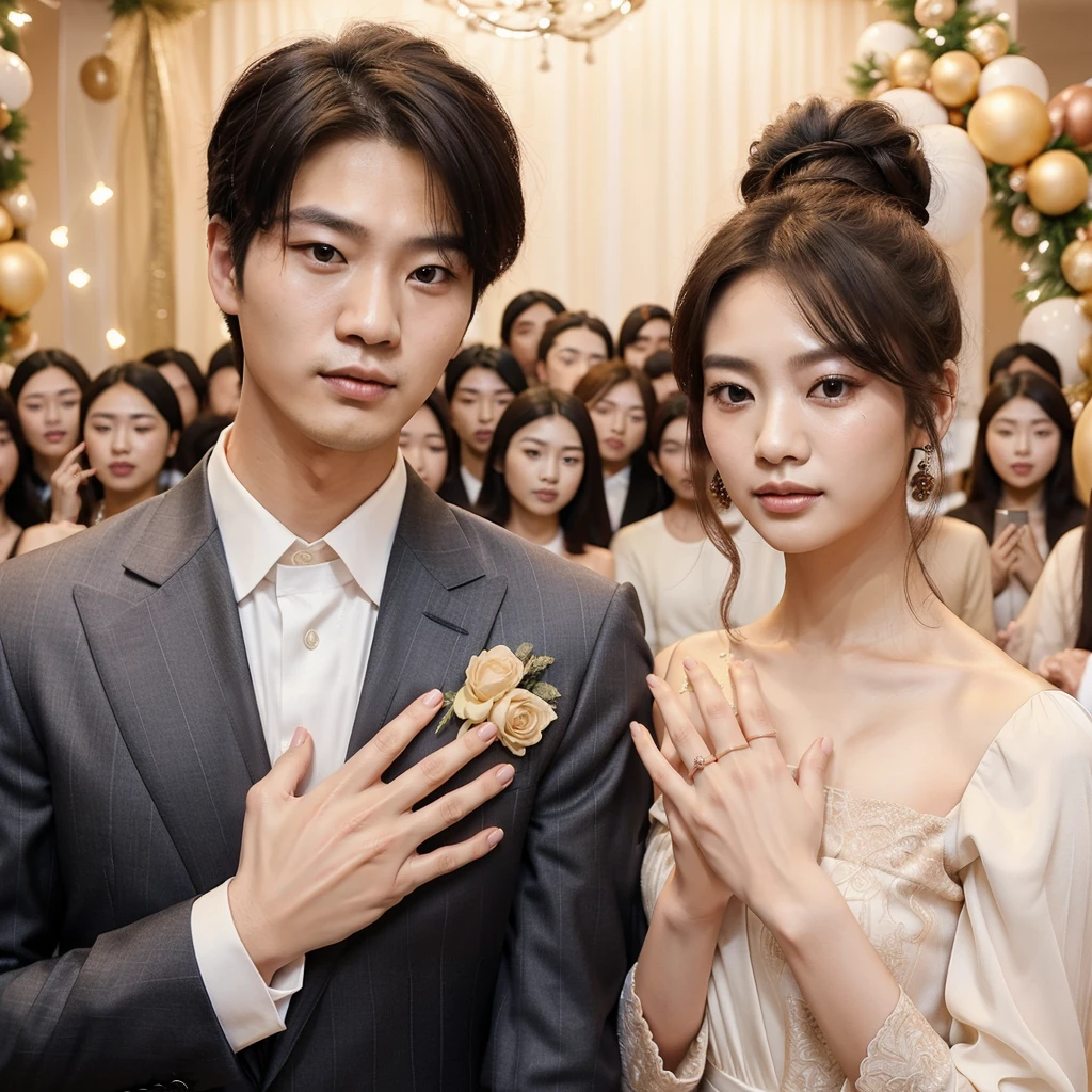 real potrait, full body, long shot, a Korean man with short hair wearing a suit, standing side by side with a woman with long hair in a bun, wear a long dress, face facing forward, they showed their fingers with their engagement rings, engagement event atmosphere, lots of festive accessories, a party room is the background