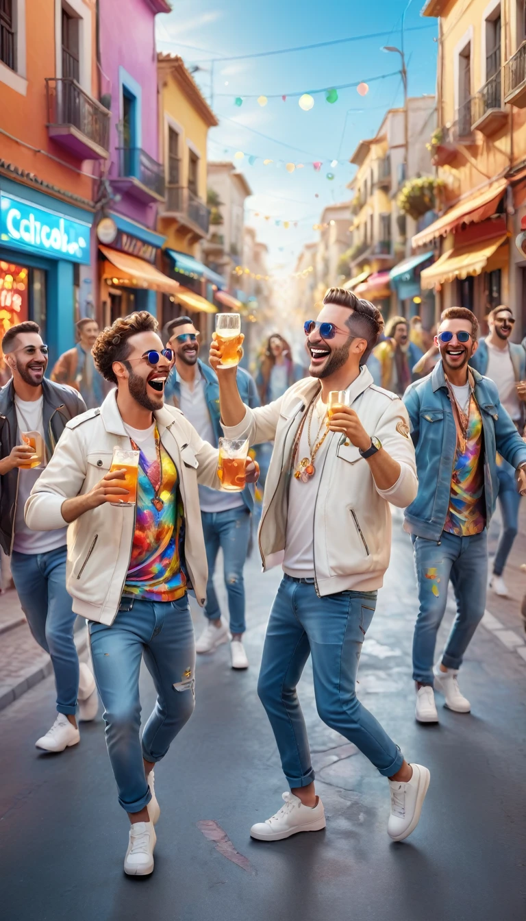 adult WHITE men, spanish, dressed in urban clothes, In an urban landscape and holographic signs、HAPPY DANCING on the road. are drinking and laughing, The background is modern, high tech vibe. Lovely Digital Painting, 3D rendering, Bright lighting, swirly vibrant colors. adult people, pessoas bonitas, different faces.