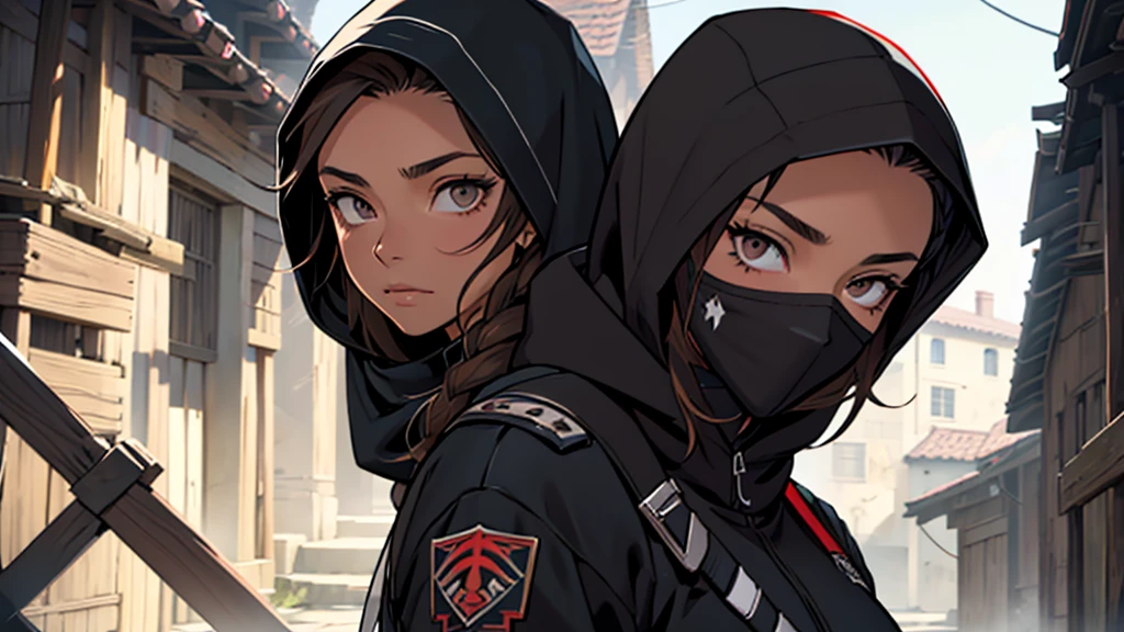 1 female, medium length brown hair with widows peak, hazel eyes, wearing all black, assassins creed shinobi with hood up, tanto