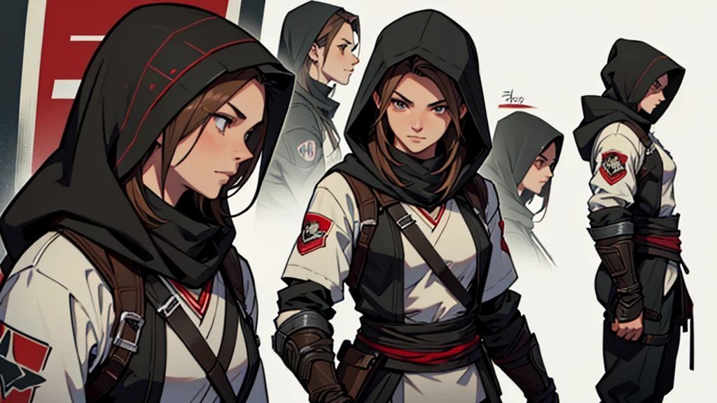 1 female, medium length brown hair with widows peak, hazel eyes, wearing all black, assassins creed shinobi with hood up, tanto