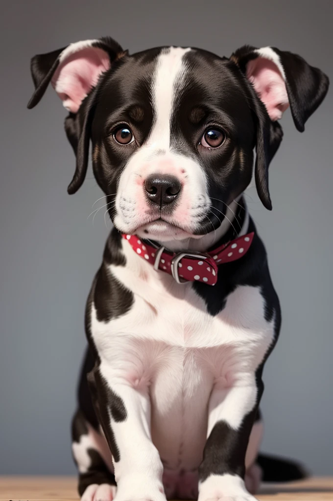 Create a picture of a female puppy, result of crossing a pitbull and a dalmatian. The puppy must have a muscular body and must have a white coat with sharp polka dots., be smiling, happy, sitting and looking at the screen.