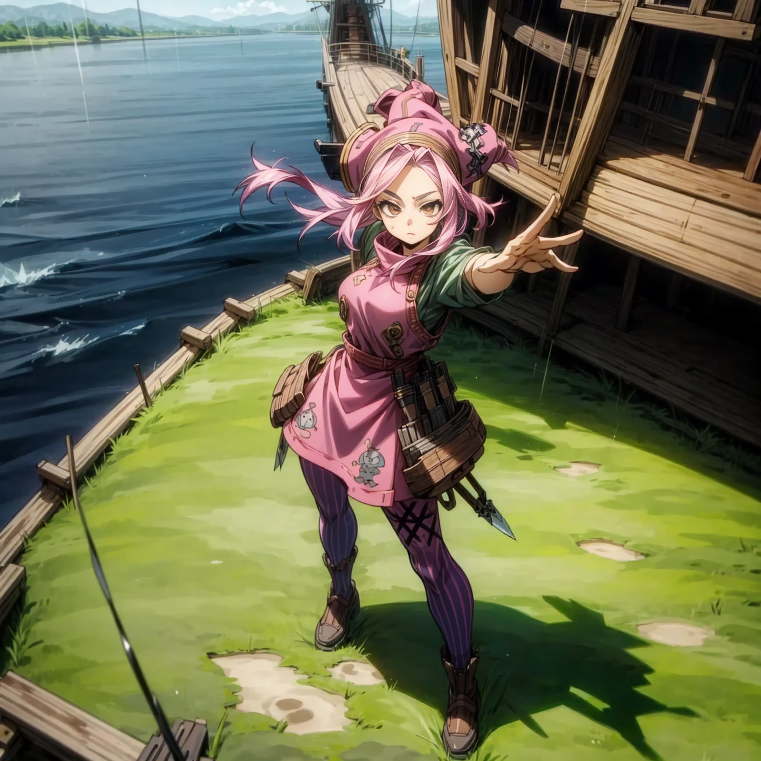 1girl, Full body version, 1character, adult girl version, gold eyes color, long haircut, pink colour hair, Farmer villager style clothing, blue colour clothing, pirate hat, knife in hand, Grassroots, background in big ship, motion blur, (Hunter x Hunter style), standing gesture, high angle view 