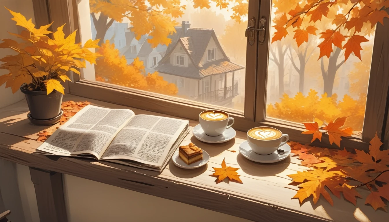 Make a picture of a cozy autumn morning scene featuring one cup of coffee with heart-shaped latte art on it, placed on a opened wooden windowsill. beside the cup, there was a piece of cake with triangle slice layered with white cream on the small plate, and surrounded by bright yellow and orange leaves falling from the nearby trees, which are visible through the window. Warm sunlight filters through the leaves, casting dappled shadows all around, enhancing the warmth of the scene. Beside it, there is an open newspaper with visible, but unreadable writing, adding to the relaxed atmosphere of a quiet morning indoors.