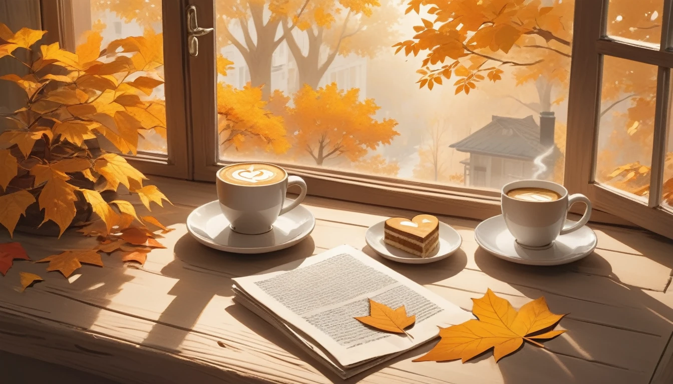 Make a picture of a cozy autumn morning scene featuring one cup of coffee with heart-shaped latte art on it, placed on a opened wooden windowsill. beside the cup, there was a piece of cake with triangle slice layered with white cream on the small plate, and surrounded by bright yellow and orange leaves falling from the nearby trees, which are visible through the window. Warm sunlight filters through the leaves, casting dappled shadows all around, enhancing the warmth of the scene. Beside it, there is an open newspaper with visible, but unreadable writing, adding to the relaxed atmosphere of a quiet morning indoors.