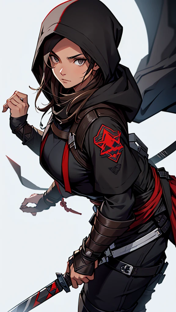 1 female, medium length brown hair with widows peak, hazel eyes, wearing all black, assassins creed shinobi with hood up, tanto