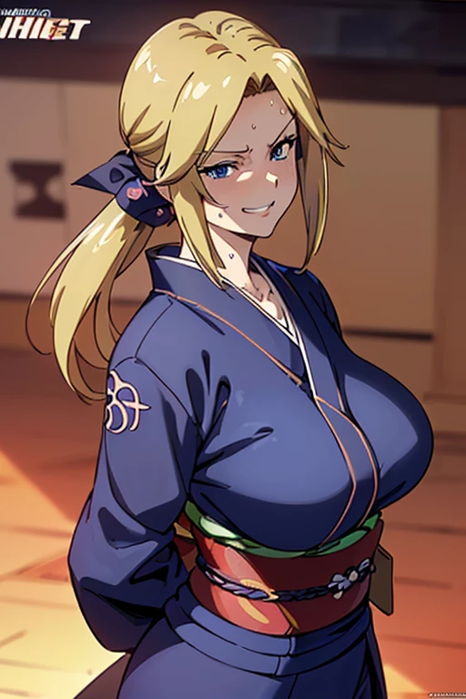Masterpiece(woman,Huge breasts:1.5, とても唇が赤いHuge breastsを強調,Big Ass,Narrow waist,Long legs,Greenish blue eyes,Blonde ) 
8K(Sweat flying:1.4 )8K(Heat rash:1.9 )
 8K(Gal:1.3)
 8K(Staring at me:1.5)
 8K(Anime Style,A floppy smile,What we are looking for,Face mischievous face,The facial expression is accurate:1.7)
 8K(Anime Style,The facial expression is accurate)
8K(Wearing a black kimono:1.5)
8K(hairpin :1.3 ), 
8K(Focus on the face:1.5)
