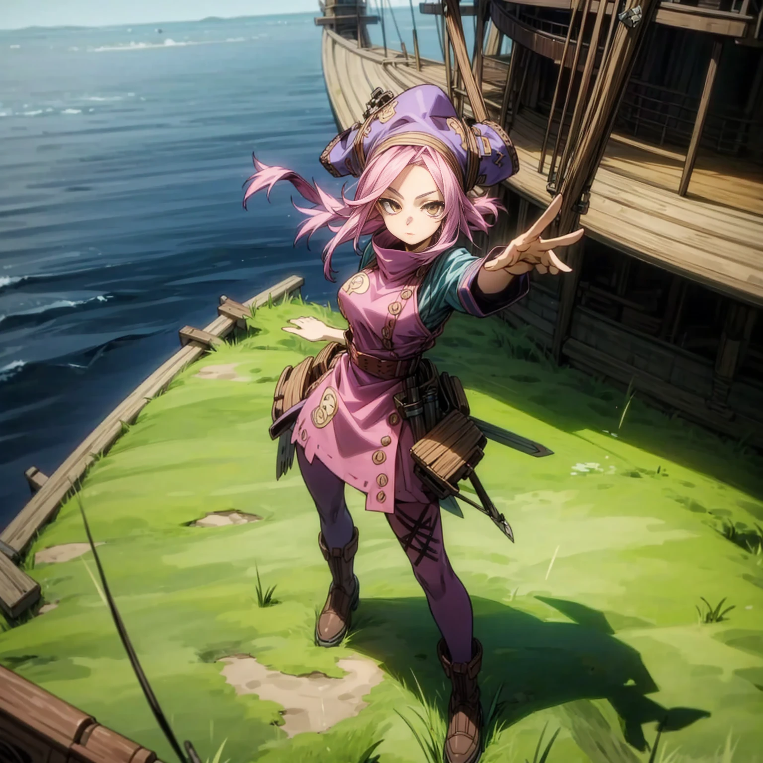 1girl, Full body version, 1character, adult girl version, gold eyes color, long haircut, pink colour hair, Farmer villager style clothing, blue colour clothing, pirate hat, knife in hand, Grassroots, background in big ship, motion blur, (Hunter x Hunter style), standing gesture, high angle view 