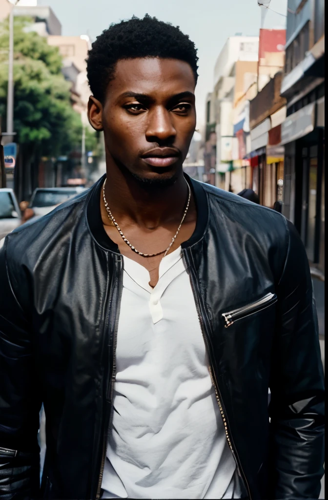 Create a realistic depiction of a tall, handsome African bad boy with a perfect face, eyes, mouthdressed in modern-day clothes. He should be standing beside a Mercedes."
