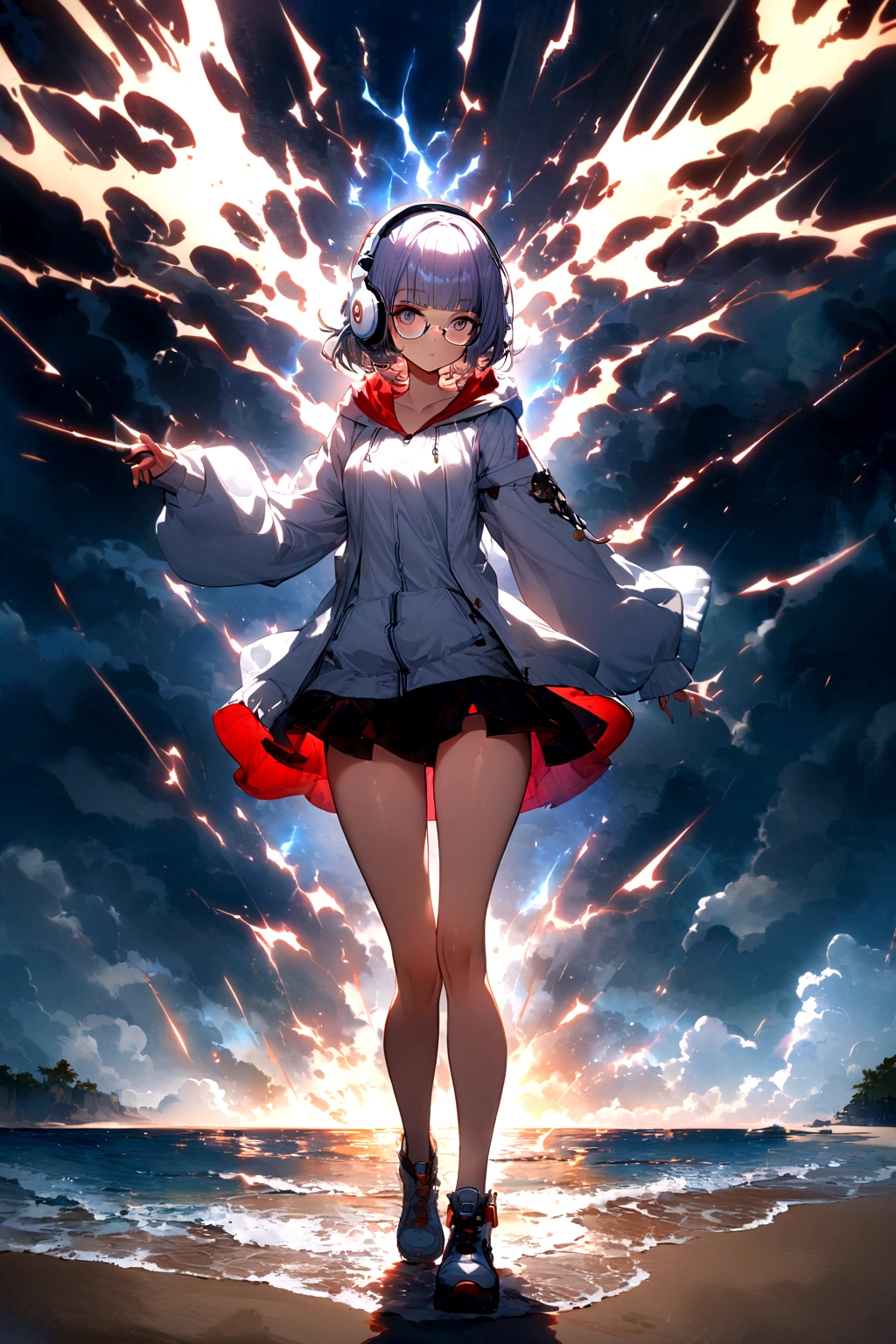 (extremely detailed fine touch:1.3), 1 girl, (((white semi-rimless eyewear:1.3))), (white headphone:1.2), short hair, blunt bangs, 1 girl, Full body, sandy beach, very bewitching bikin and a hoodie, glistening skin, thunder, electrified aura, charged atmosphere,