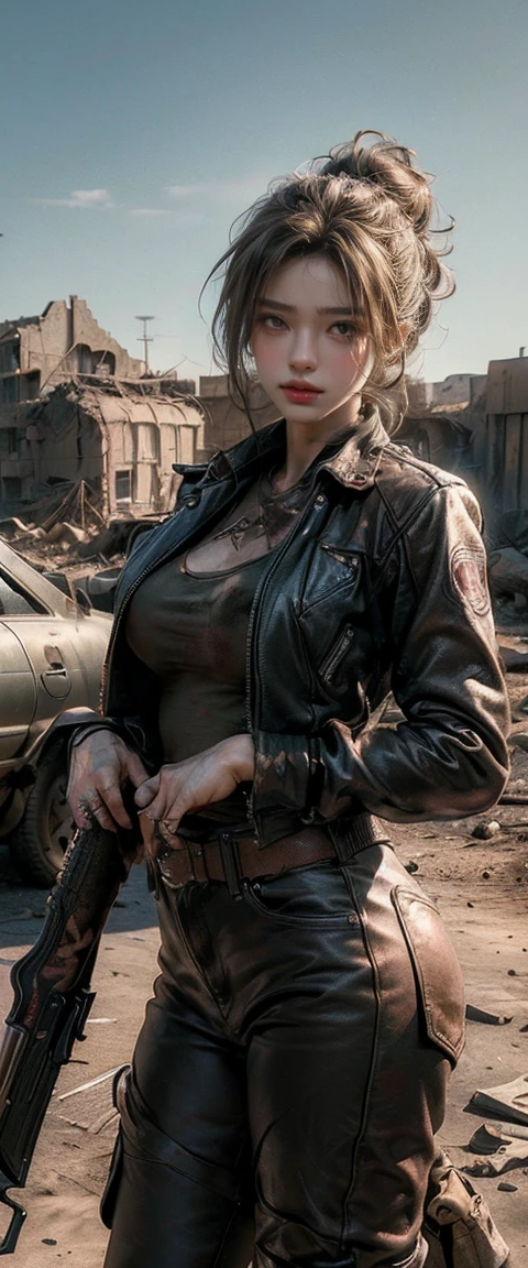 ((Masterpiece, of the highest quality, Maximum image quality, high resolution, photorealistic, photo and gross, 8k)), ((Extremely detailed 8k unified CG wallpaper)), post-apocalyptic wasteland, The world of Resident Evil, she wears a leather jacket over her bare skin and holds a shotgun,  The desert swallows the collapsed buildings, Ruins covered in dust and sand, 
