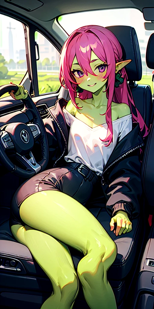(masterpiece, best quality),1girl sitting in a car ,1girl, jewelry, smile, looking at viewer, car interior, solo,pink hair, purple eyes, steering wheel, blush, long hair, white shirt, off shoulder, black jacket, hair between eyes, long sleeves, , wrist scrunchie, (goblin:1.3), (green skin:1.2), (flat chest), (big ass), (wide hips)