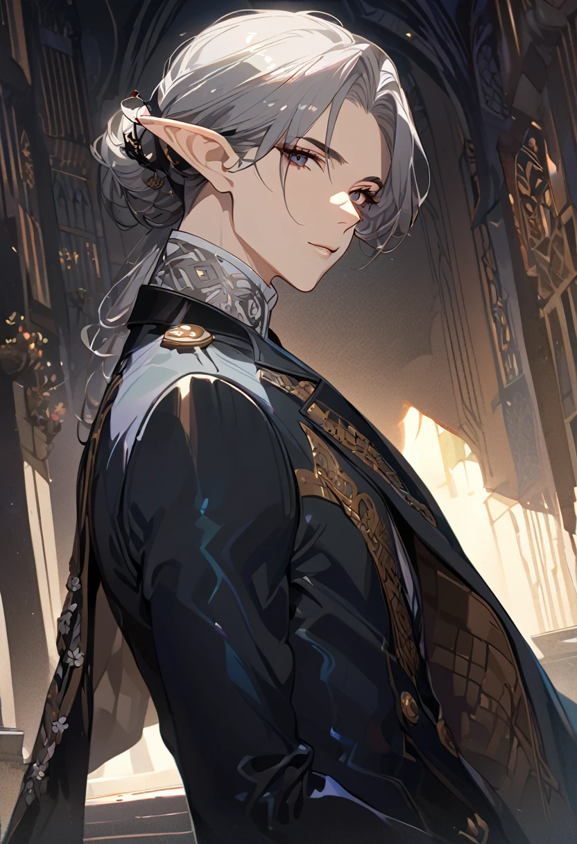 masterpiece, best quality, 8k ,4k , 1 male, elf, long ears elf, dark grayish hair, dark greenish eyes, hair ornament, finely detailed eyes and detailed face, looking at viewer, from side, meticulous clothes, formal clothes, combination of white and black coat, half cape by the shoulders, patterned clothes, majestic looks, sharp looks, shadows, inspired by Asukaziye artist : ask, art style : ask