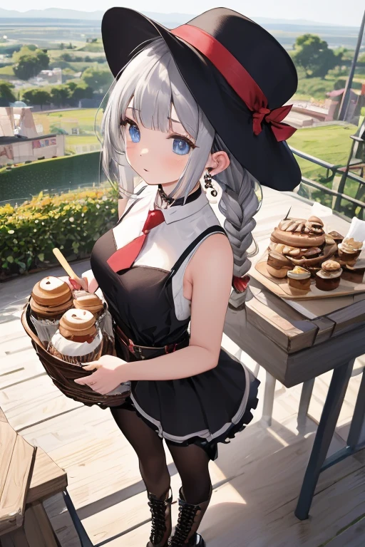 (perky chest:1.2), (pointed chest:1.2),(icecream magazine cover:1.3),(from above:1.2),(shoot from the side:1.1),(((Black Tunic:1.3))),(((cakes and bread in the basket),a 23yo Cute and beautiful girl,masterpiece、highest quality、Very detailed、Beautiful fine details、Detailed landscape、Braided Ponytail、Red camisole、((B cup breasts, Tank top showing underboob:1.0)), thigh strap, bangs, necktie, earrings, nail polish, fishnet pantyhose, silver hair, looking at viewer, full body, bottle, own hands together, belt, food, ring, choker, english text paper:1.2, collared shirt, blue eyes, hat,lace-up boots ,