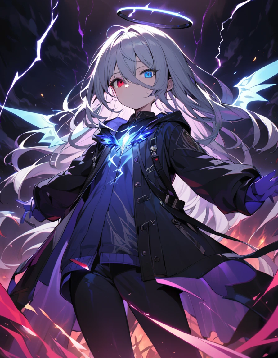 elementary, Shadow Surrounding Girl, lightning, Green Aura, Red aura, Purple aura, Flames surrounding the girl, masterpiece, Dark Theme, Highest quality, Maximum details, Very fine eye, Professional coloring, cinematic lightning, Remaining, Written boundary depth, Backlight, One Girl, Young girl, Silver Hair, Long Hair, Hair between the eyes, Black Halo, Shining blue sea, Blue Flame, Large, black, translucent magical wings on his back, Fantasy-inspired costumes, Black long coat, shirt, Black trousers, Expressionless, Heterochromia iridis, Deep purple left eye, Blue right eye, Odd Eye, Countless magical swords are floating, Slashing Effects, Hall々Stand with
