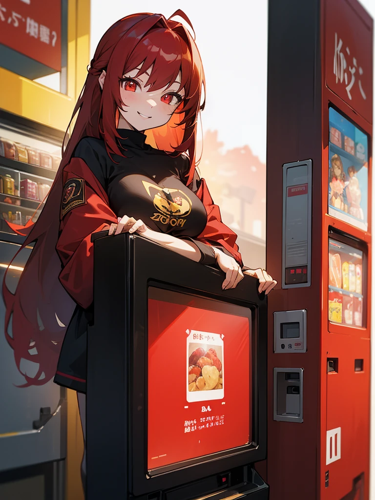 girl with、20yr old、red hair、long hair, Glowing red and gold eyes、big breast, side poneyTail、Cheerful smile、Black Turtle T-Shirt、dark red jacket、Stand in front of a vending machine