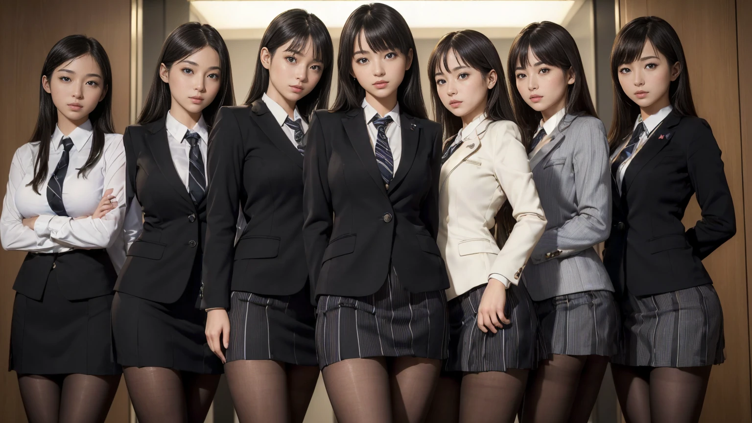 (best quality, masterpiece:1.5), (ultra-detailed, realistic:1.37),4K,(5girls:1.5),japanese,cute,beautiful,(business suit:1.3),(striped miniskirt),(black pantyhose:1.2),(group photo),(from below.1.3),sexy pose,