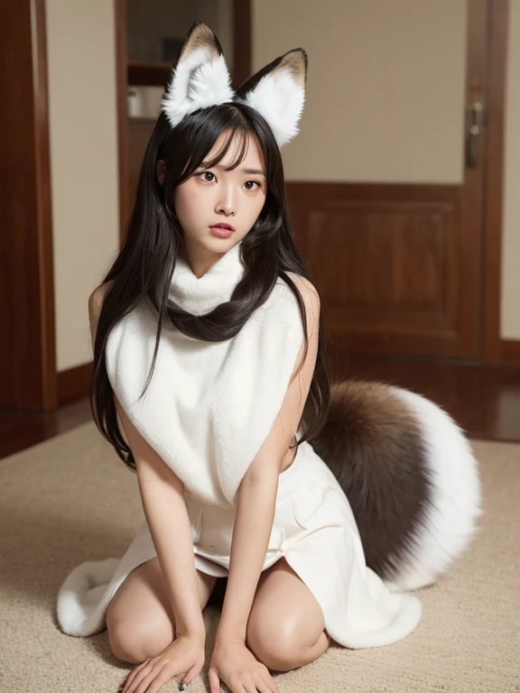((Highest quality)), ((masterpiece)), (Familiar), Perfect Face, fox lady, Pretty girl, Fox Ears, Fox tail, She has a northern fox tail, She wags her fluffy tail, fur collar, Beautiful hip line, Big , Thick thighs, A big tail growing out from under the skirt, Nice body, On all fours , Shyly staring at his tail, Only one tail, troubled face