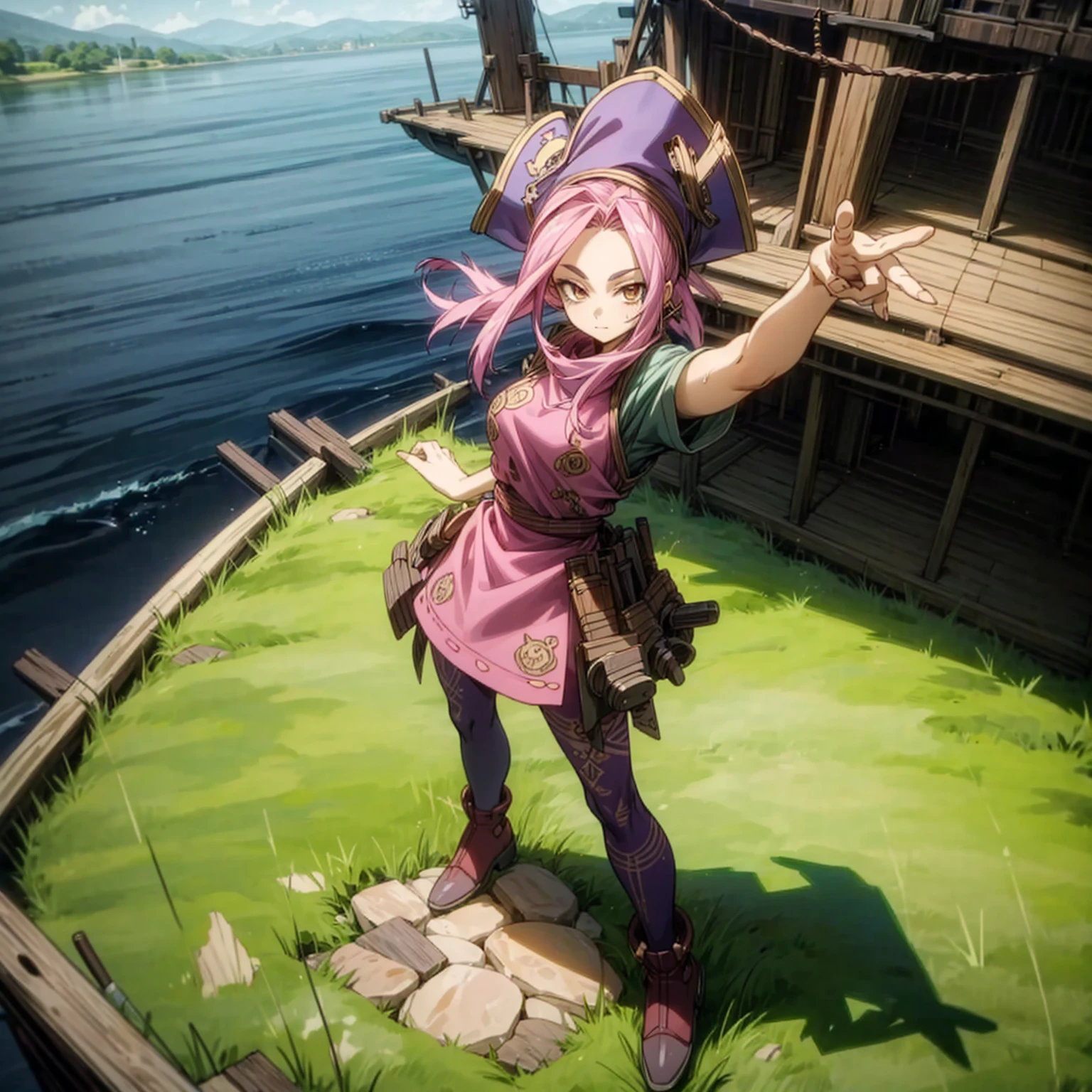 1girl, Full body version, 1character, adult girl version, gold eyes color, long haircut, pink colour hair, Farmer villager style clothing, blue colour clothing, pirate hat, knife in hand, Grassroots, background in big ship, motion blur, (Hunter x Hunter style), standing gesture, high angle view