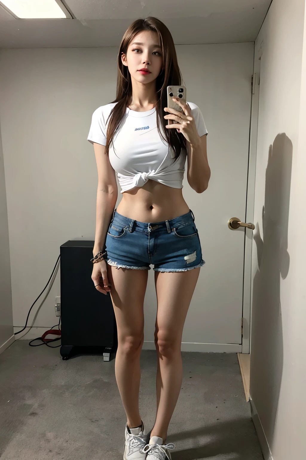 Ms Alafid wearing a white shirt and denim shorts poses for a photo, Photos of slim girls, Photos of slim girls model, 24 year old female model, half body crop, mid body shot, thin waist, thin waist粗臀, 19 year old girl, Good butt，Leg length, 18 years old, thin waist