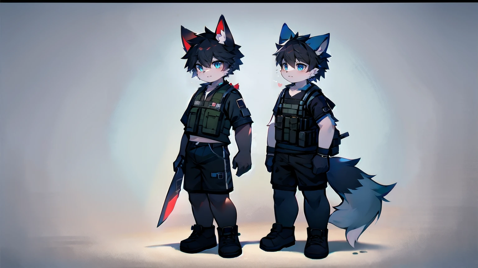 White Wolf，male，juvenile，Two people，black hair，Sky blue eyes，hairy，Hair，Wolf ears，Wolf Tail，Handsome，masterpiece，Soldier，，Black bulletproof vest，Brown tactical ammunition rack，arm，Red neck bib，Short sleeve，shorts，Half a leg exposed，paw，Red meat pads，Short knife in hand，Military daggeghting Stance，Full body portrait，Highest quality，8K，Simple background