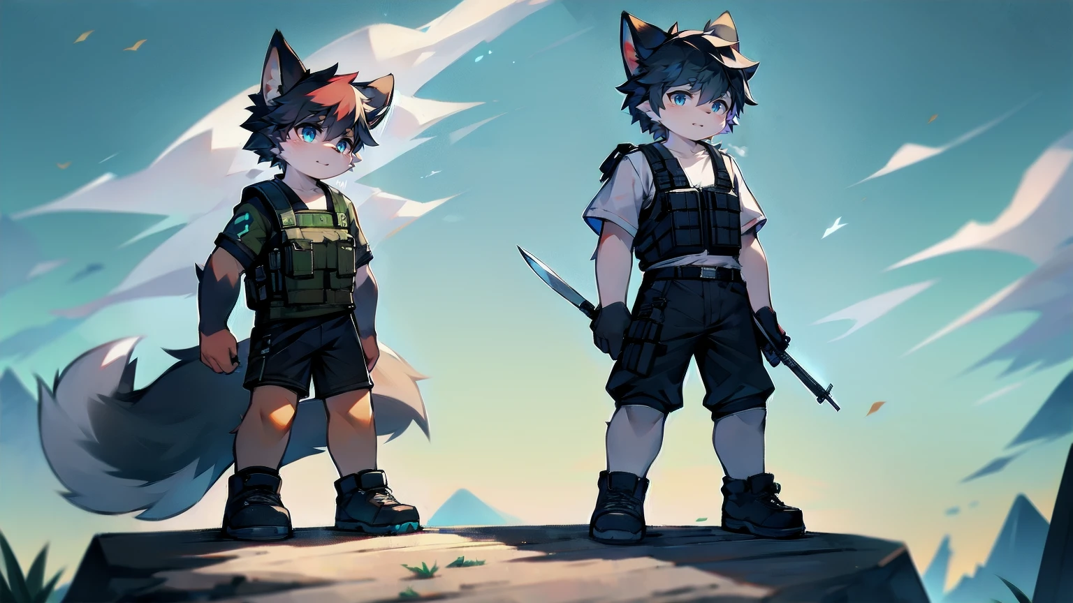 White Wolf，male，juvenile，Two people，black hair，Sky blue eyes，hairy，Hair，Wolf ears，Wolf Tail，Handsome，masterpiece，Soldier，，Black bulletproof vest，Brown tactical ammunition rack，arm，Red neck bib，Short sleeve，shorts，Half a leg exposed，paw，Red meat pads，Short knife in hand，Military daggeghting Stance，Full body portrait，Highest quality，8K，Simple background