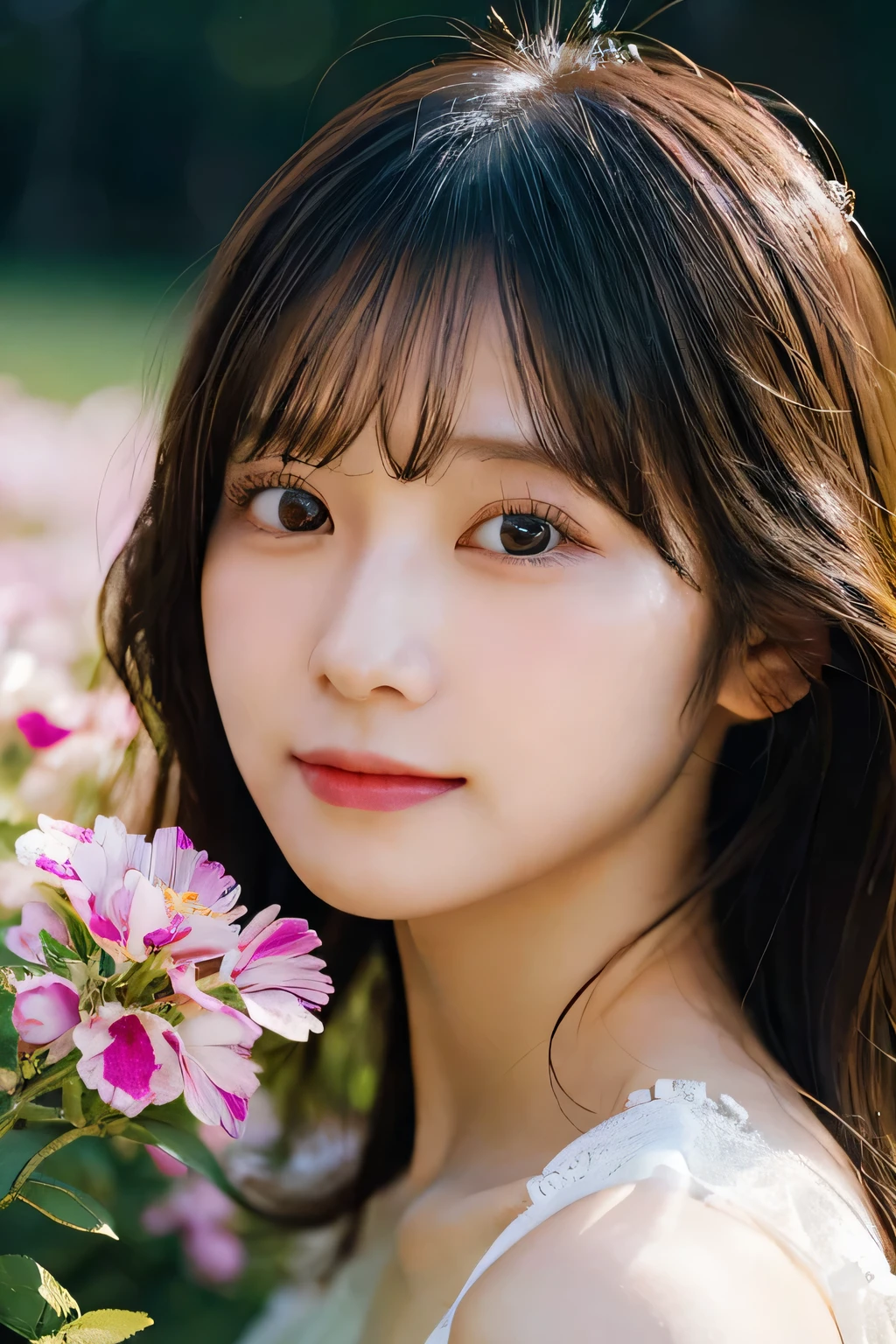 Highest quality, masterpiece, Ultra-high resolution (Realistic: 1.4), RAW Photos, 1 Girl, White Dress, Bare shoulders, A field full of pink flowers, Glowing Skin, smile, (Front Focus),(Dark Night:1.6),Surrealist female portraits by David Hockney and Alphonse Mucha,Fantasy art,Like the picture,Dynamic Lighting,Art Station,Poster,Volumetric Lighting,Highly detailed face, Japanese women, 20-year-old, Black Hair, bangs, Long Hair