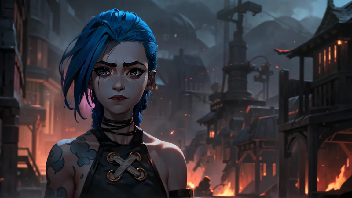 (masterpiece, Best quality), 1 girl, portrait very detailed face,, very sexy, crazy look, smile, crying, pink tears, tears on the cheeks, tears from eyes, full length (full body 1.1.), очень feminine, fighting stance, battle, fire, explosions, burning city, Beautiful waist, gloomy composition, flame, fire, Flash, very beautiful, feminine, long hair, hair braided in long braids, very sexy, tight leather pants, emphasis on the eyes, emphasis on the face, Beautiful face, Hands, Hair, Haired ponytail, red purple eyes, Джинкс crying, Blue cloud tattoo, (masterpiece, Best quality), Side lighting, beautiful detailed eyes, crazy face), (Best quality), (masterpiece), magic photography, Spectacular lighting, Photorealism, ultra detailed, intimate portrait composition, 1. 4,8 k UHD, aesthetic, Cd., A high resolution, 8 k, better lighting, Best shade, Ultra-HD, A high resolution, sharp focus, Complex background, Cinematic lighting, ((Landscape view)), 4K block, (better lighting), ((Cinematic lighting)),