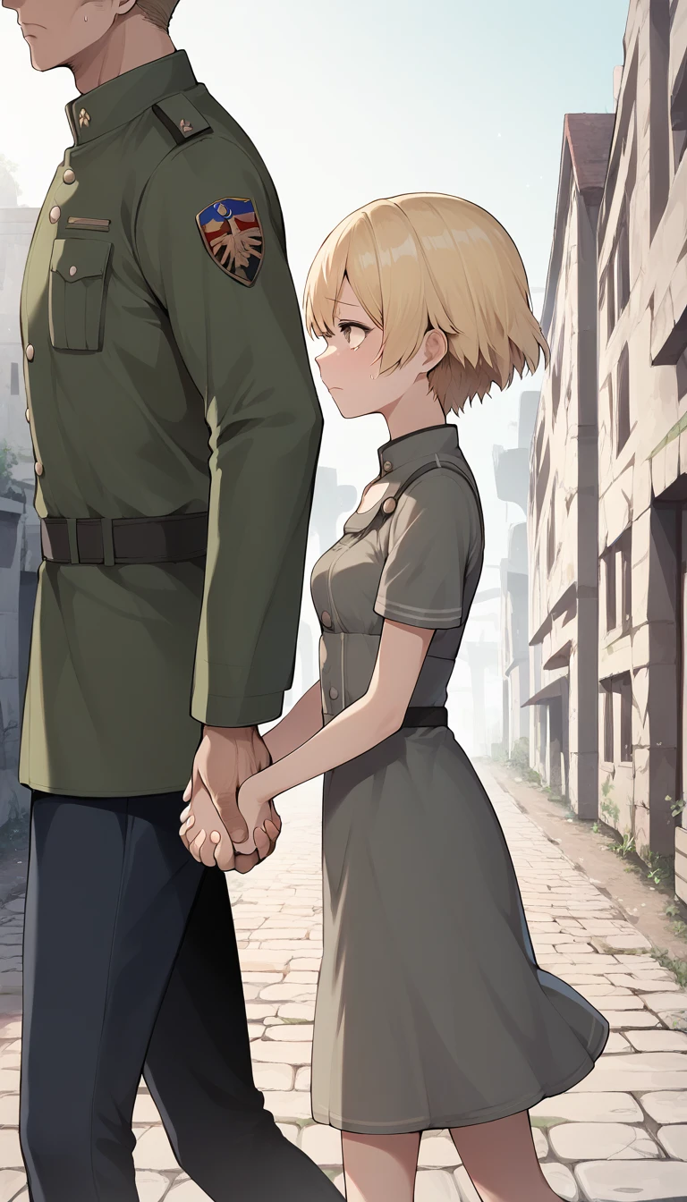 score_9, score_8_up, score_7_up, source_anime BREAK 
1girl, 14yo, _young, from side, small breasts, dirty dress, holding hands, hand in another's hand, blonde short hair, grey eyes, sad face, town ruins, outdoors, walking, size difference, faceless male, male face out of frame, male modern military uniform