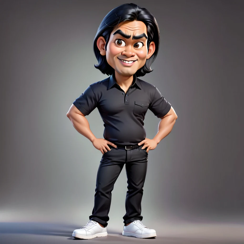 5D caricature of a big head, a tall Indonesian man, a cellphone technician, shoulder length black hair, wearing a black shirt, black pants and white shoes, hands on hips gesture. Very realistic image, 3D, Uhd, 16K, good and natural lighting.