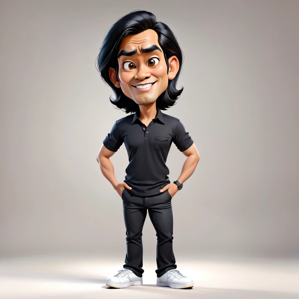 5D caricature of a big head, a tall Indonesian man, a cellphone technician, shoulder length black hair, wearing a black shirt, black pants and white shoes, hands on hips gesture. Very realistic image, 3D, Uhd, 16K, good and natural lighting.