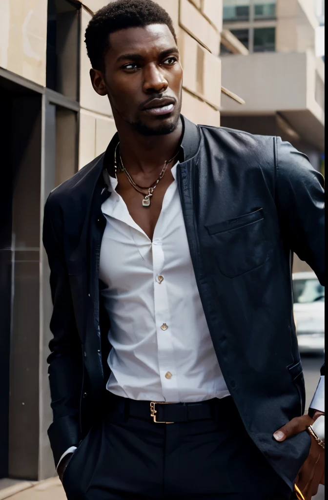 Create a realistic depiction of a tall, handsome African bad boy with a perfect face, eyes, mouthdressed in modern-day clothes. He should be standing beside a Mercedes."