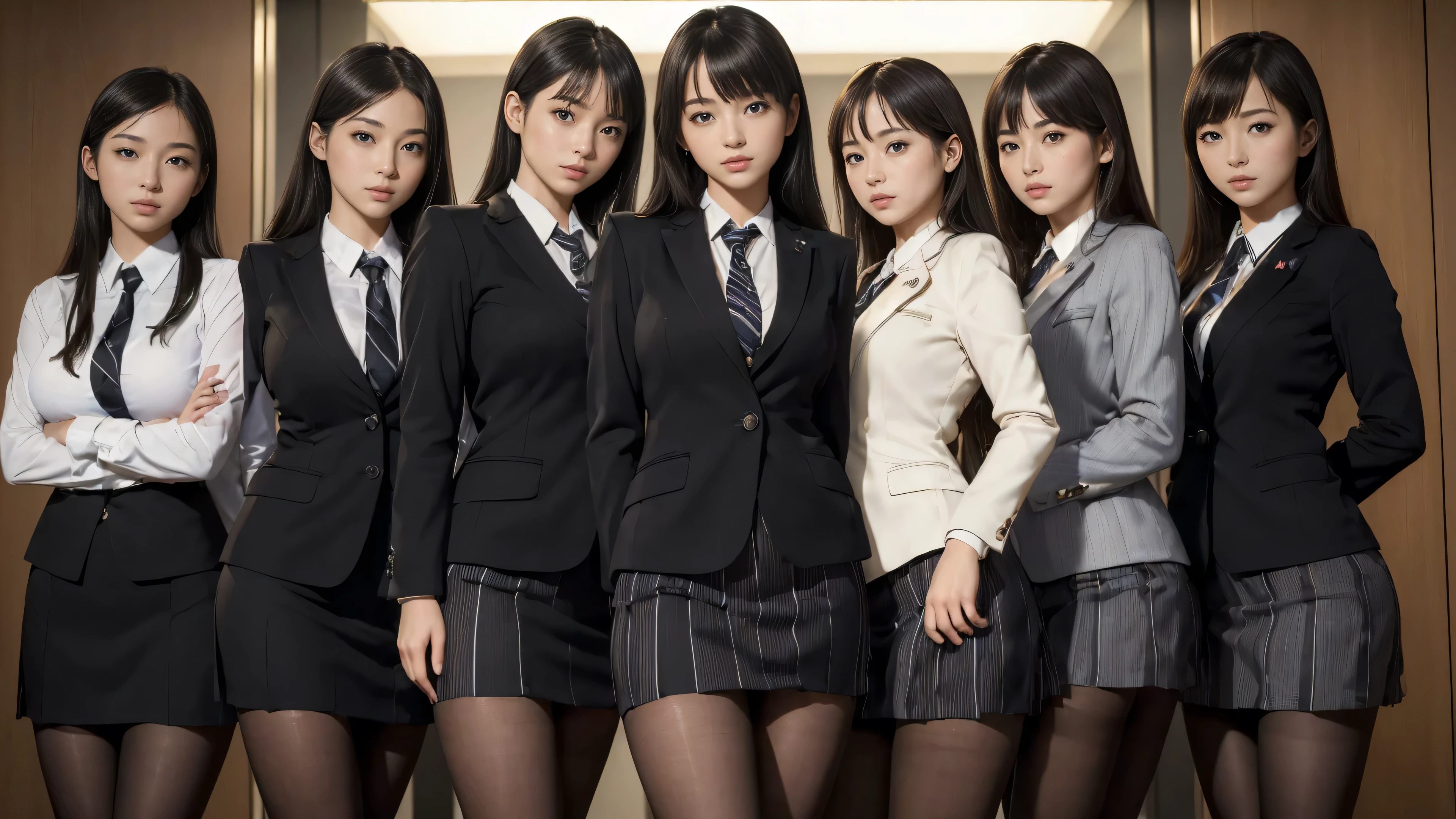 (best quality, masterpiece:1.5), (ultra-detailed, realistic:1.37),4K,(5girls:1.5),japanese,cute,beautiful,(business suit:1.3),(striped miniskirt),(black pantyhose:1.2),(group photo),(from below.1.3),sexy pose,