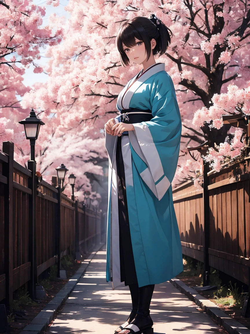 {Extremely detailed 8K wallpaper}, {Masterpiece}, {Best Quality},Alone,full body shot,Okita Souji,short hair, kimono,celestial haori. cherry tree