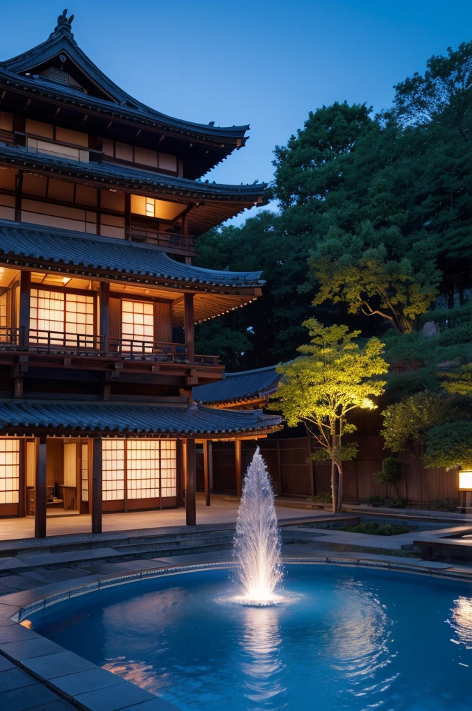 blue sky, blue lighting, japanese building, fountain, HDR, 4k resolution