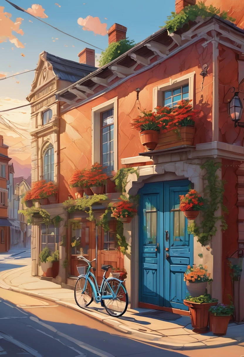 Digital illustration of a serene street scene at sunset. The layout features a narrow road on the right side, leading into the distance with a beautiful view of mountains under a sky painted with warm hues of orange and blue. On the left side, there is a quaint building covered in lush green ivy and adorned with vibrant red flowers in pots. The building has wooden textures and warm lighting emanating from the windows, creating a cozy atmosphere. A bicycle is parked near the entrance, adding to the tranquil setting. Power lines and a street lamp are visible, casting long shadows on the pavement. A chalkboard sign with white text and decorative elements stands near the building, contributing to the charming, rustic feel of the scene.