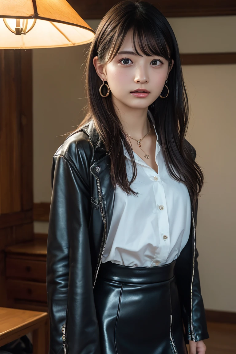 (Highest quality:1.4),(masterpiece:1.4),(Realistic:1.4),(Realistic:1.2),(超High resolution, RAW Photos:1.4),(High resolution, Ultra-detailed:1.2),(8K:1.2),View your viewers,Cinematic photography,One girl,skeletally correct,Black-haired woman,(Small earrings,necklace,A long leather skirt that fits perfectly to the body line,Beautiful body lines),(Western-style building interior,Dimly lit room,The lamplight shines on my cheeks)