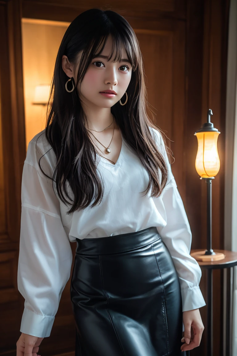 (Highest quality:1.4)，(masterpiece:1.4)，(Realistic:1.4)，(Realistic:1.2)，(超High resolution， RAW Photos:1.4)，(High resolution， Ultra-detailed:1.2)，(8K:1.2)，View your viewers，Cinematic photography，One girl，skeletally correct，Black-haired woman，(Small earrings，necklace，A long leather skirt that fits perfectly to the body line，Beautiful body lines)，（Western-style building interior，Dimly lit room，The lamplight shines on my cheeks）